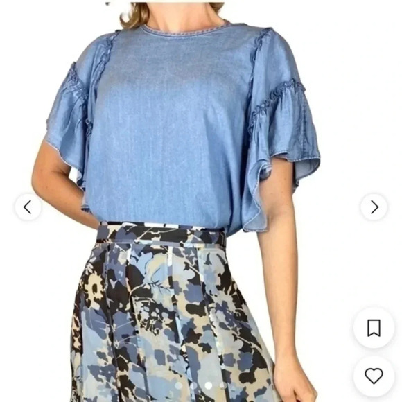 Ann Taylor | LOFT | Blue Bohemian Western Ruffle Sleeve Blouse Size S - Picture 1 of 5
